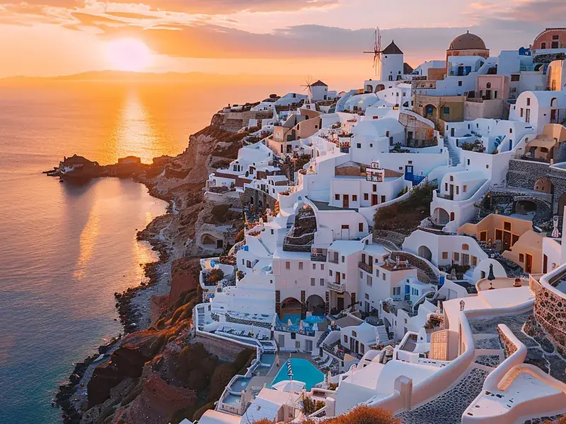 Oia ao pôr do sol, Santorini, Grécia
